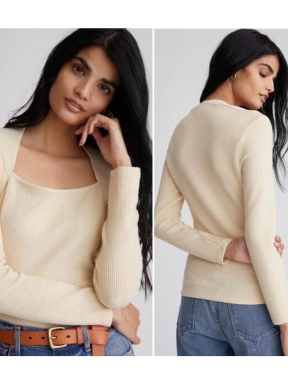Anthropologie Cream Ribbed Square-Neck Sweater Set